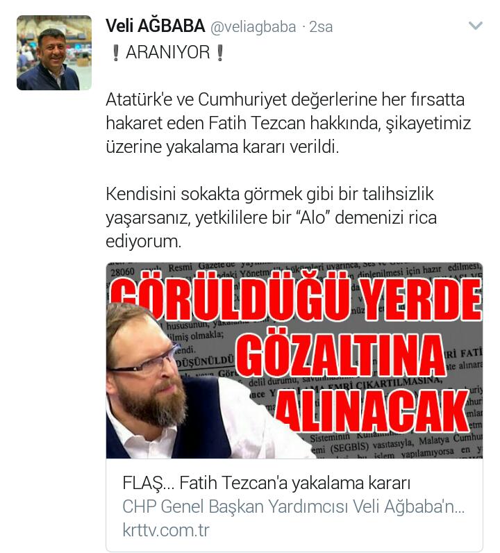 Fatih Tezcan için aranıyor diyen Veli Agbaba'ya cevap?